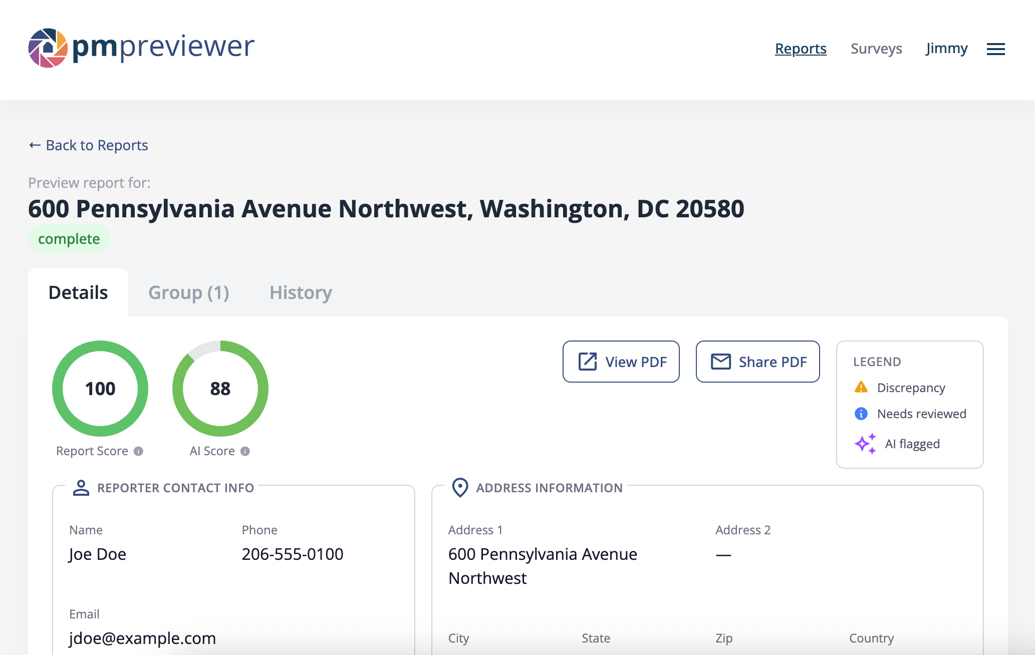pm previewer dashboard showing property reports list with status indicators and report scores