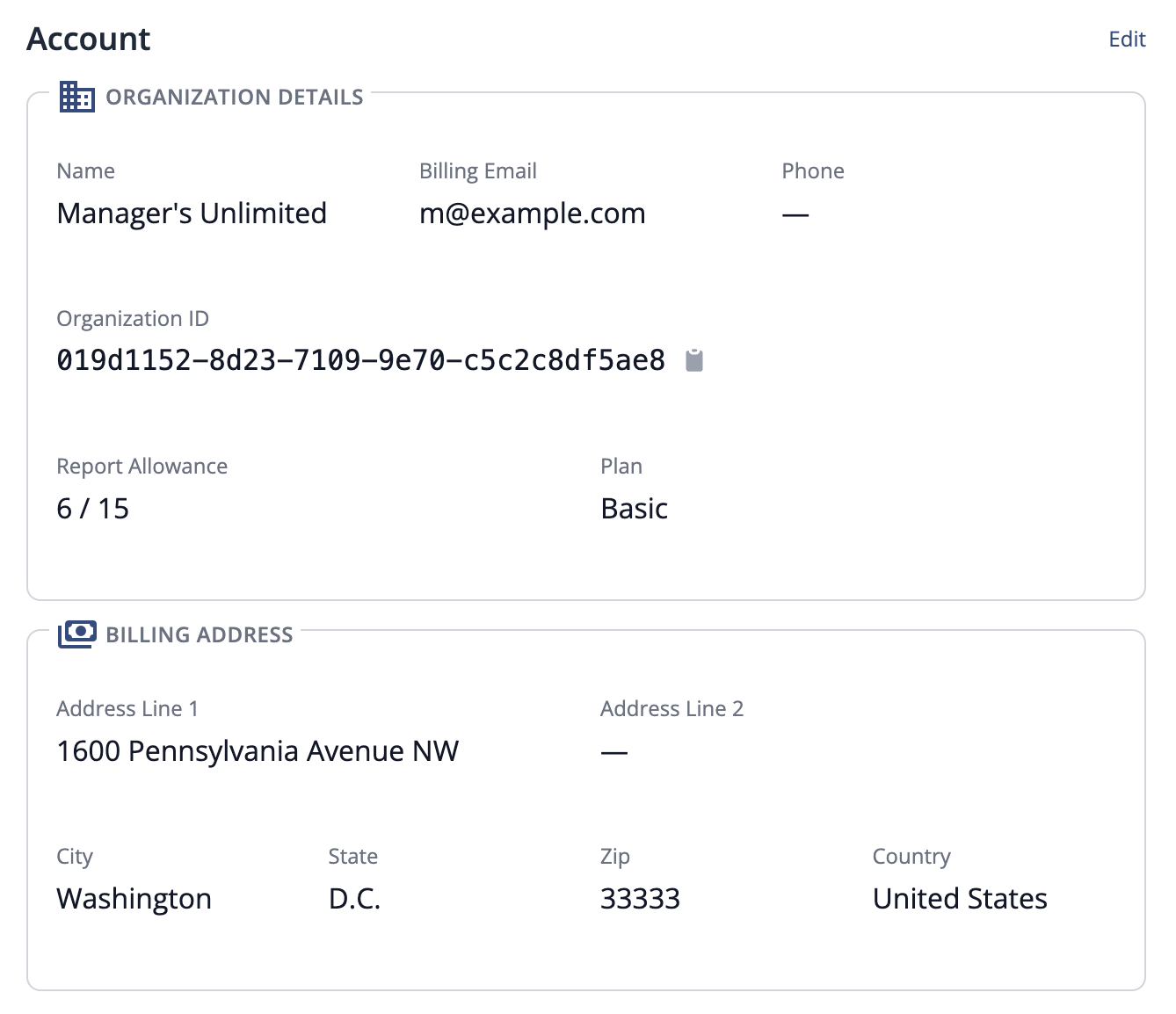 Account settings with organization management, team roles, and billing controls