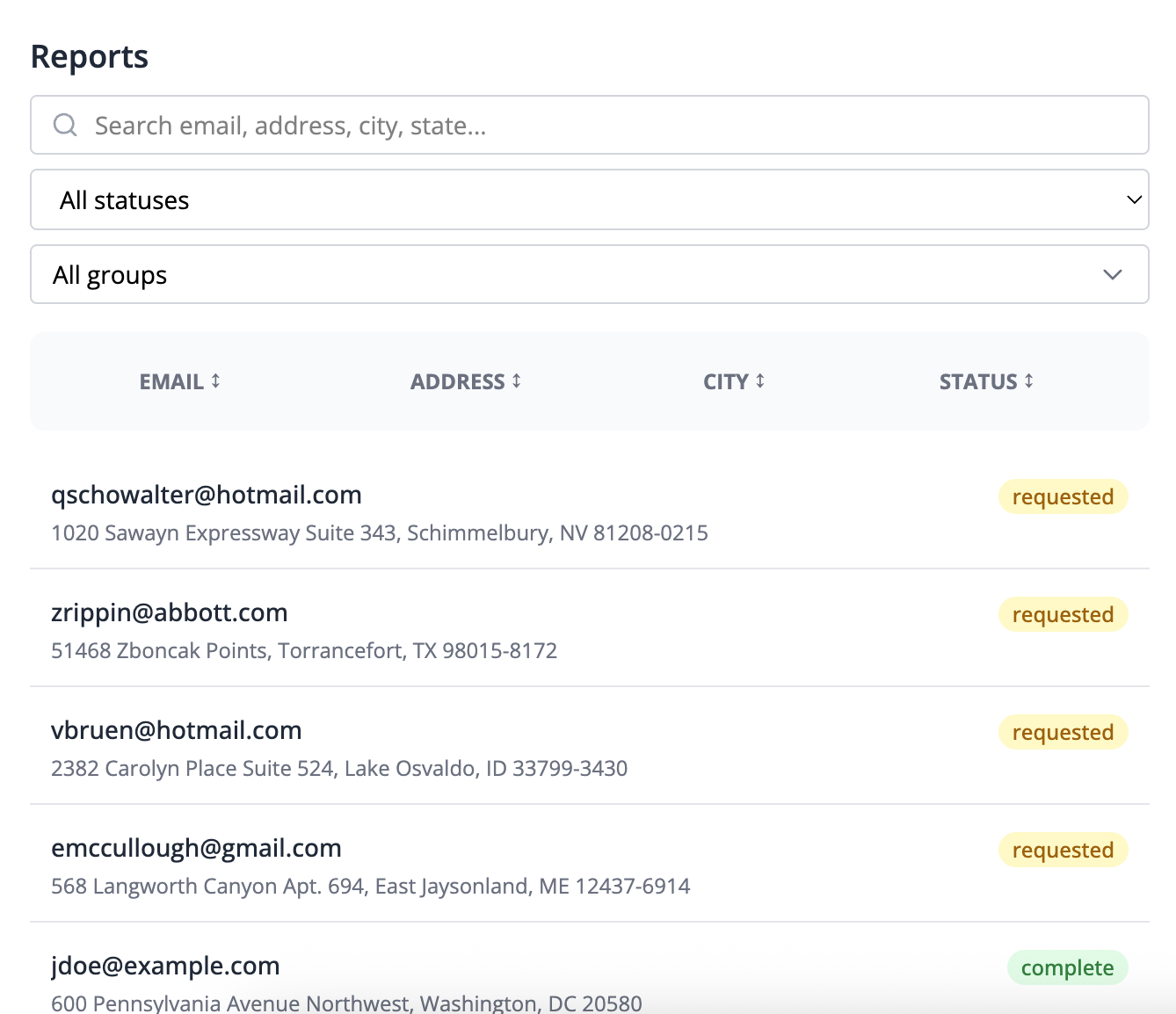 Survey requests dashboard showing status tracking for all property surveys